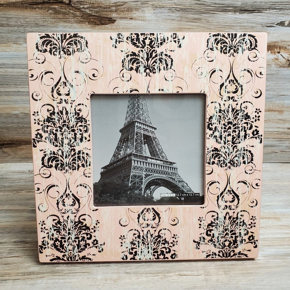 Papyrus Cream Black Damask Scroll 5x5 Square Picture Frame Tabletop Decor 739055